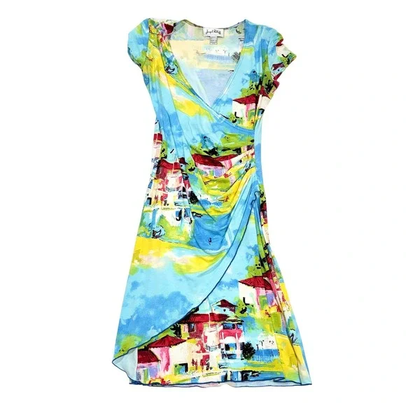 VTG Joseph Ribkoff Wrap Dress Women's Size 6 Italian Village Print Short Sleeve - Picture 1 of 3
